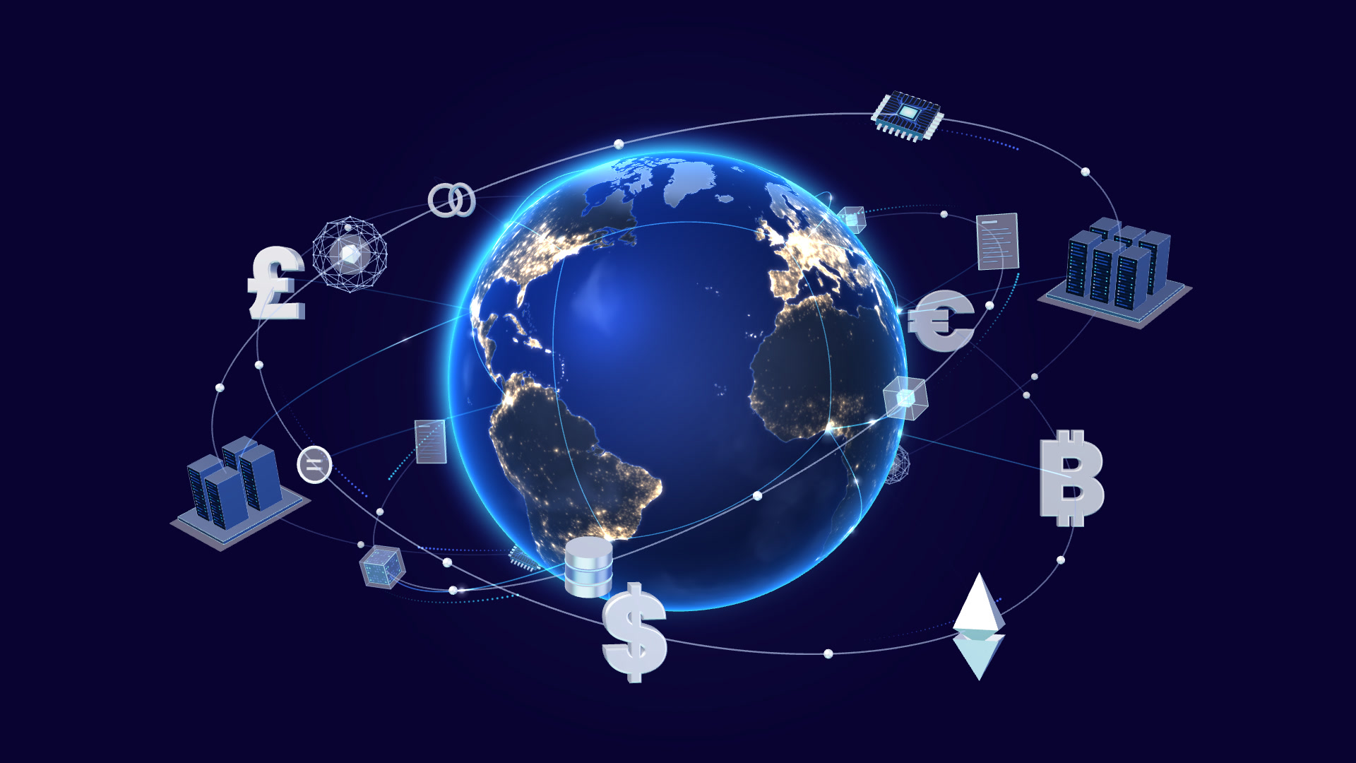 Earth connected to financial symbols, data, and computing infrastructure.