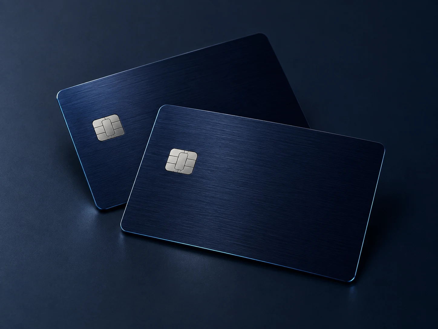 Concept illustration of two navy payment cards with subtle cyan detailing